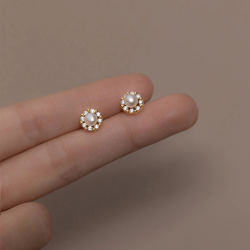 2021 Chic Korean Wedding Party Jewelry Real 925 Sterling Silver Gold Plating Geometric Pearl Stud Earrings for Women Trendy
