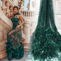 French Dark Green Feather Lace With Sequins Luxury Soft Tulle Glitter Fabric for Collection 2021  HY1767-1