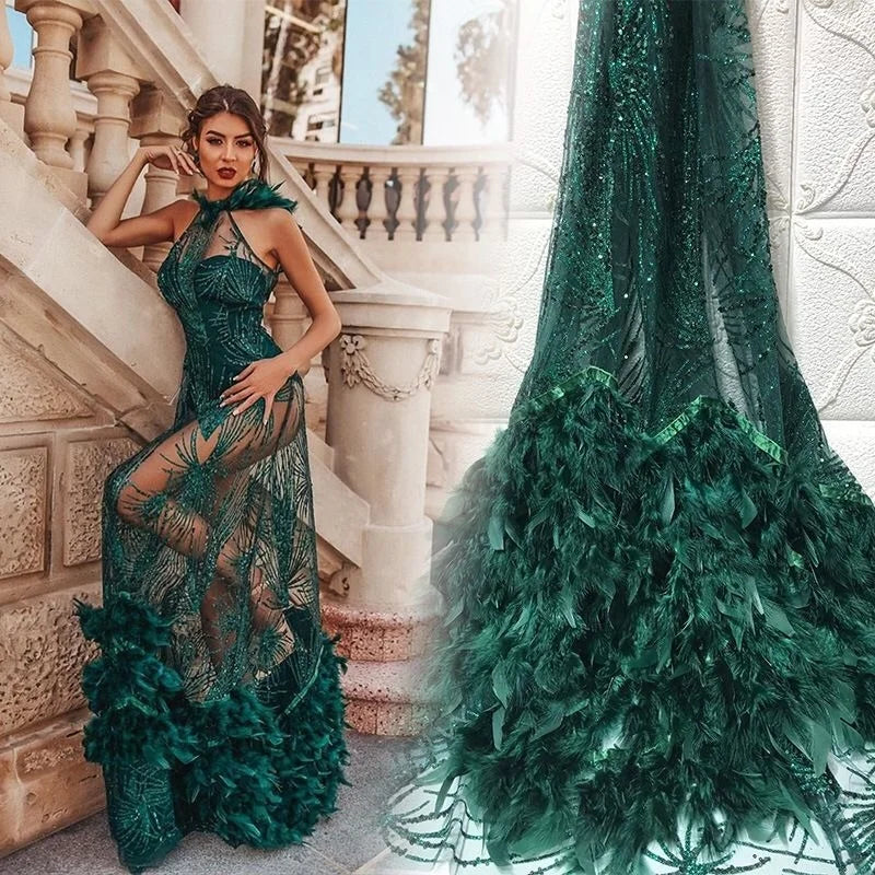 French Dark Green Feather Lace With Sequins Luxury Soft Tulle Glitter Fabric for Collection 2021  HY1767-1
