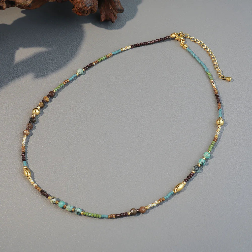 Retro Niche Design Color Stainless Steel Natrual Beads Women's Rice Beads Boho Style Necklace