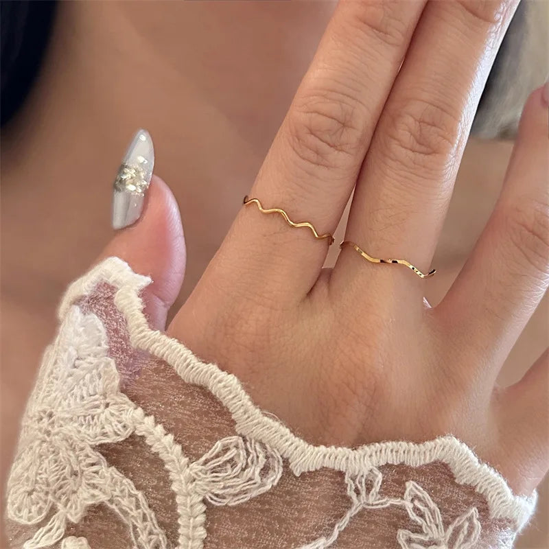 Ins Chic Gold Plated Smooth Pearl Open Rings Fade Resistant Stainless Steel Geometric Line Pearl Band Rings