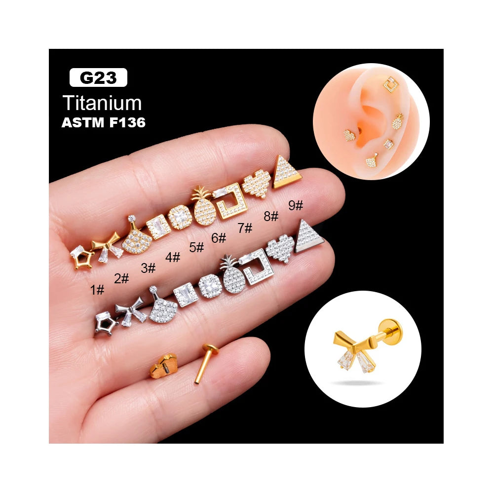 ERESI High Quality G23 Titanium Earrings ASTM F136 CZ Stud Piercing Gold Titanium Jewelry Flat Back Earrings for Women