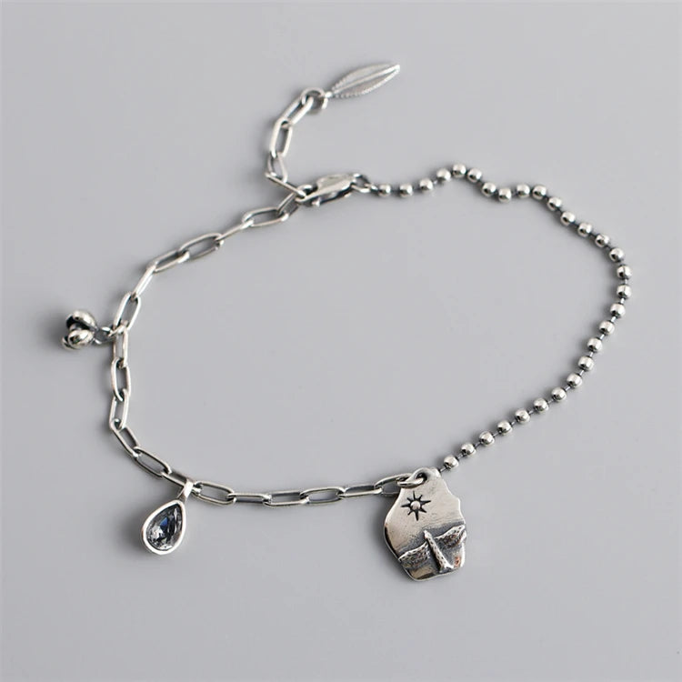 Vintage Style Water Drop Shape 925 Sterling Silver Island Scenery Charm Paperclip Link Chain Beads Bracelet for Women