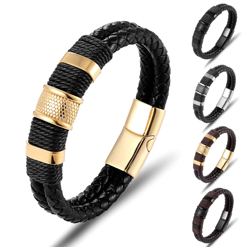 Interchangeable Black Braided Leather & Stainless Steel Magnetic Clasps Bracelets Double Layers Fashion Wrap Style