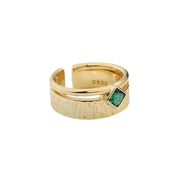 Daidan Vintage Rings Women Ring Adjustable Green Cz Silver Hammered Textured Ladies Rings