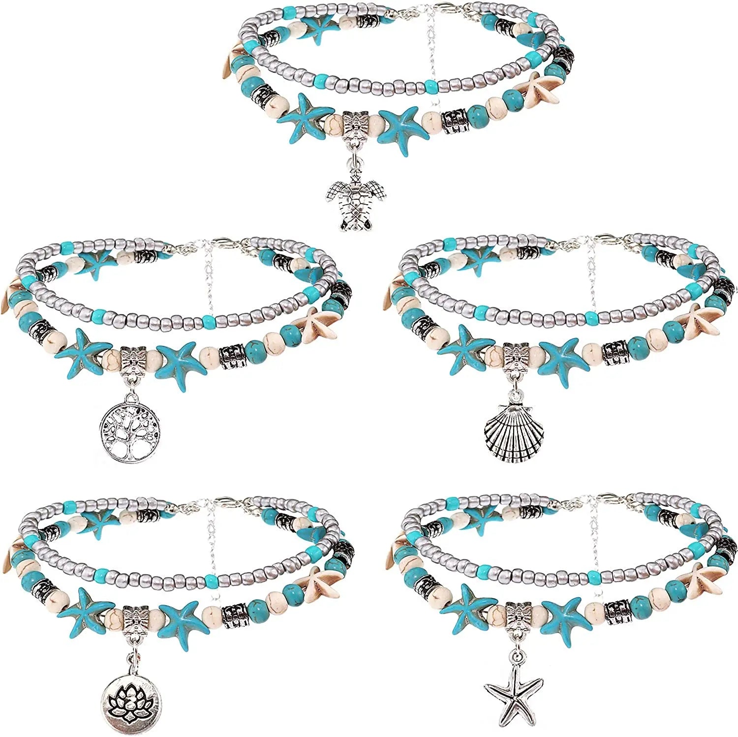 Multilayer Bule Starfish Anklet Handmade Turquoise Beads with Alloy Beads Charm Anklet Sea Beach Anklet Bracelet for Women Girls