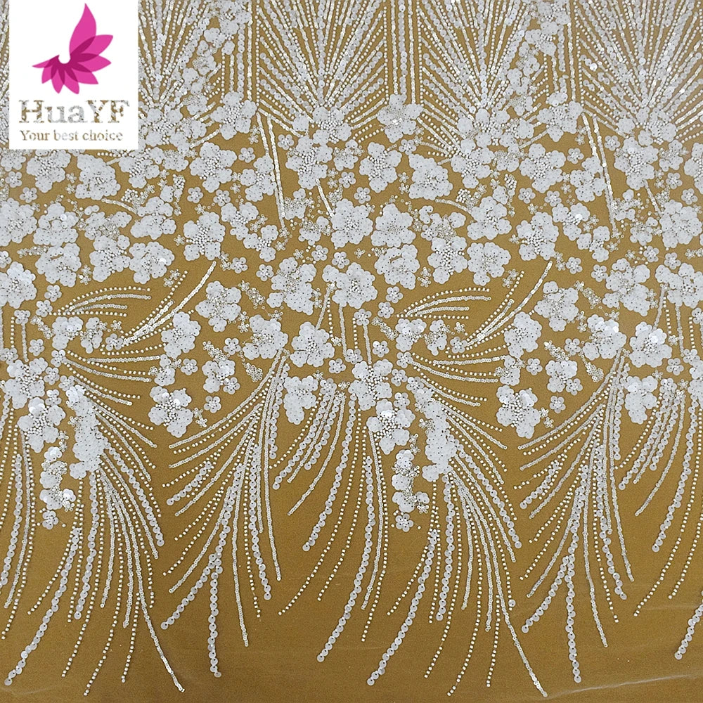 Top Quality Super High Density Pure White Embroidered Wedding Bridal Beads Flower Lace Fabric  HY1782-2