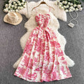 Retro Chiffon Printed Backless Camisole Dress for Women's Stretch Waist Slimming Beach Vacation Mid Length Skirt