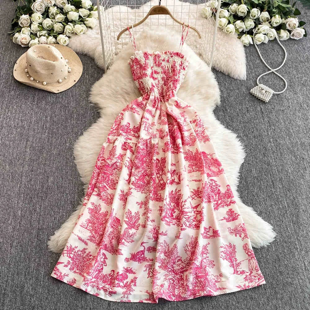 Retro Chiffon Printed Backless Camisole Dress for Women's Stretch Waist Slimming Beach Vacation Mid Length Skirt