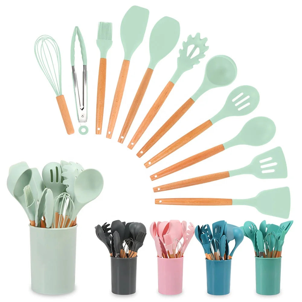 12 Pieces Wholesale Colorful Non-Stick Home Silicone Kitchenware Gadgets Cooking Utensils Set Silicone Kitchen Utensils Set