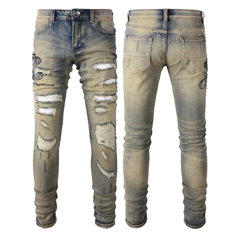 Wholesale Winter Snake Embroidery Men Denim Pants Vintage Blue Washed Eco-Friendly Hip Hop High Street Damaged Patch Distressed