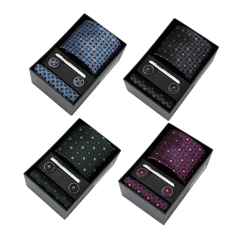 Luxury Men's Jacquard Silk Tie Set Business Party Wedding Suit Accessories with Hanky Cufflinks Clip Pin Neck Ties