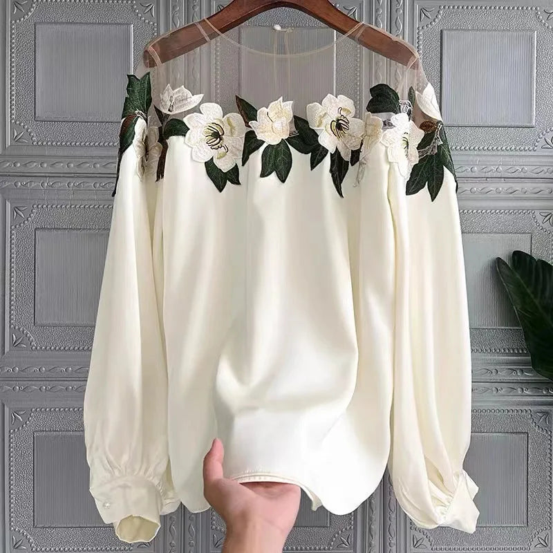 Wholesale 2026 Summer Design Feel Lace Splice Embroidery New Fashion Long Sleeve Temperament Women's Shirts