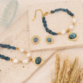 Women Girls Retro Natural Gemstone Freshwater Pearl Choker Necklace Stainless Steel Stone Pendant Earrings Necklace Jewelry Set
