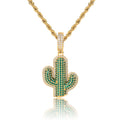 Hip Hop Gold Plated Micro-Inlaid Zircon Rope Chain Necklace for Men Solid Cactus Pendant Trendy Fashionable Design