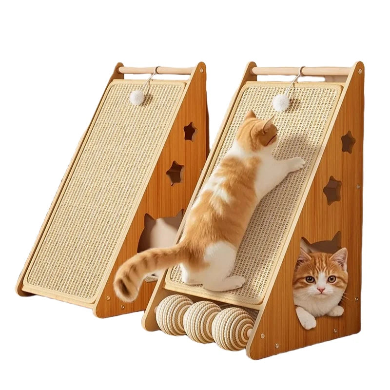 Modern Wood Cat Toys Sisal Jute Scratching Board Pad with Climbing Frame and Toy Balls for Cat Kitten Playing
