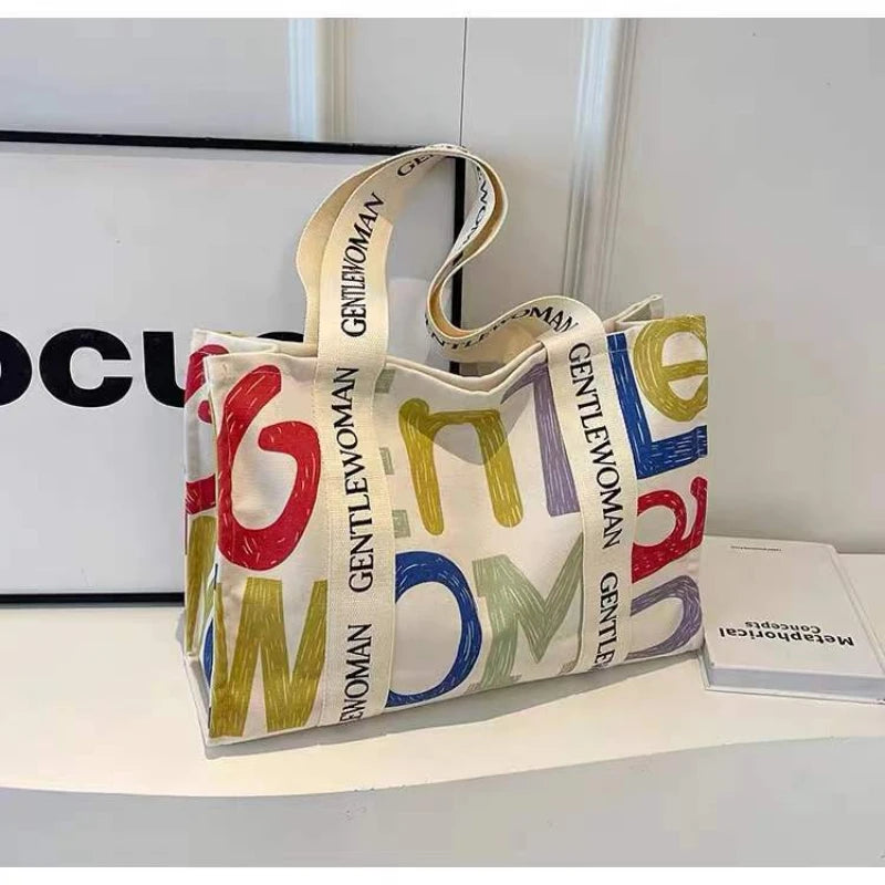 Large Capacity Canvas Tote Bag for Summer Outings Work Commute Shopping Leisure and Short Trips Fashionable Letter Design