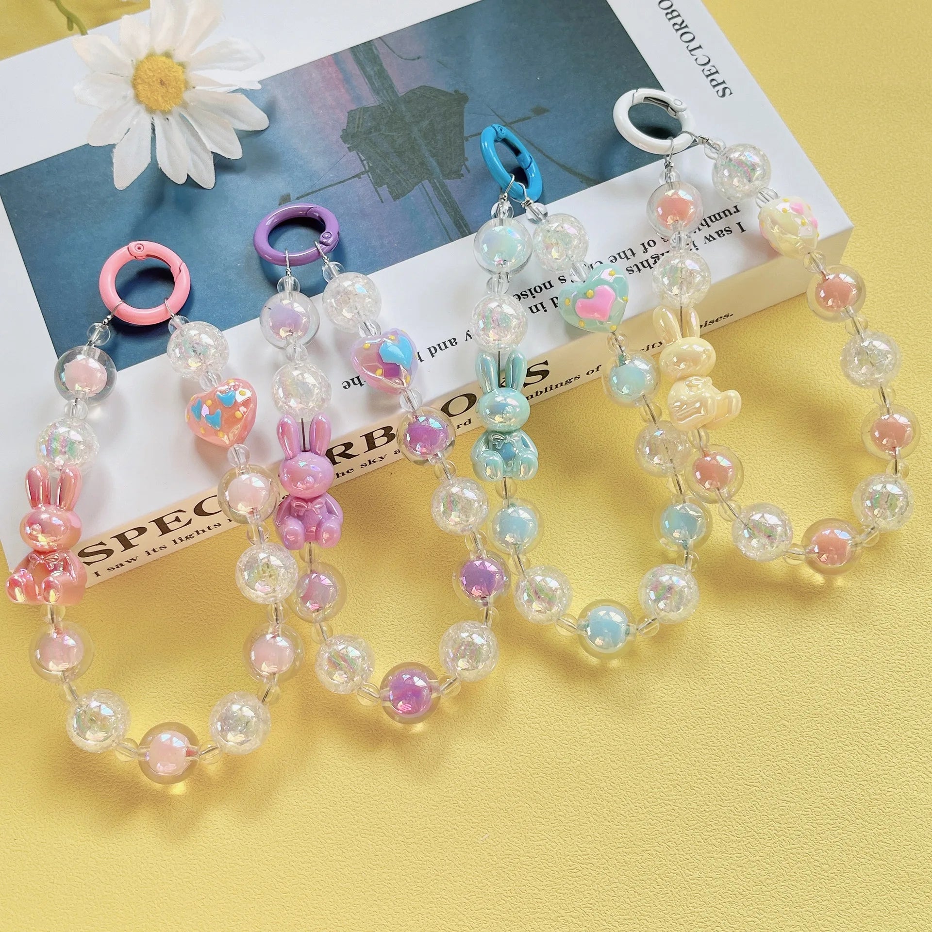 Hot Sale Handmade Beaded Bunny Mobile Phone Chain Key Chain New Hand-painted love Beads Accessories Bracelet
