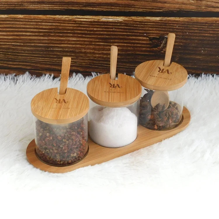 Household Kitchenware High Borosilicate Salt Shaker Sugar Glass Jars With Spoon Condiment Bottle Set