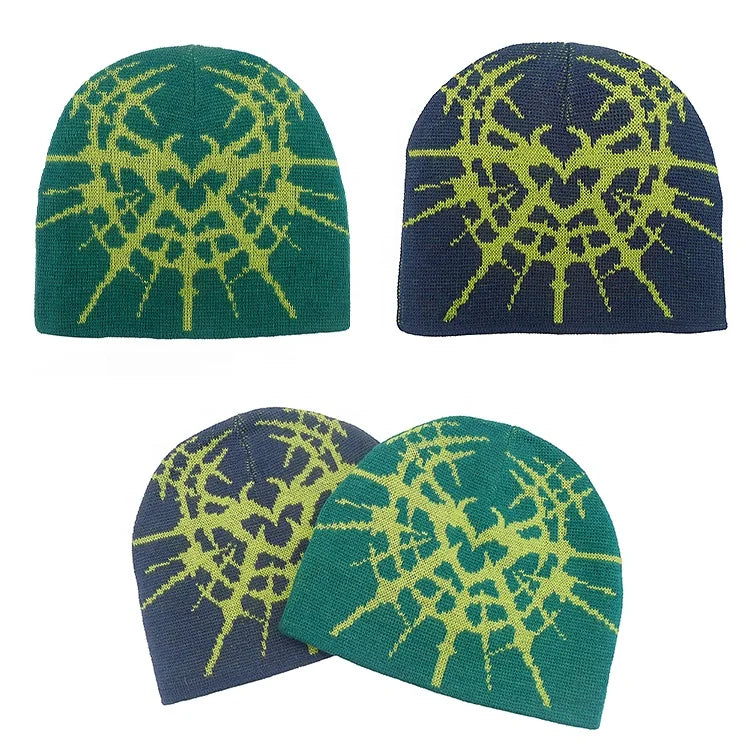 Retro Streetwear Think Beanie No Cuff Jacquard Flame Pattern Knit Hat Anime Acrylic Winter Skull Cap for Men Wholesale Custom