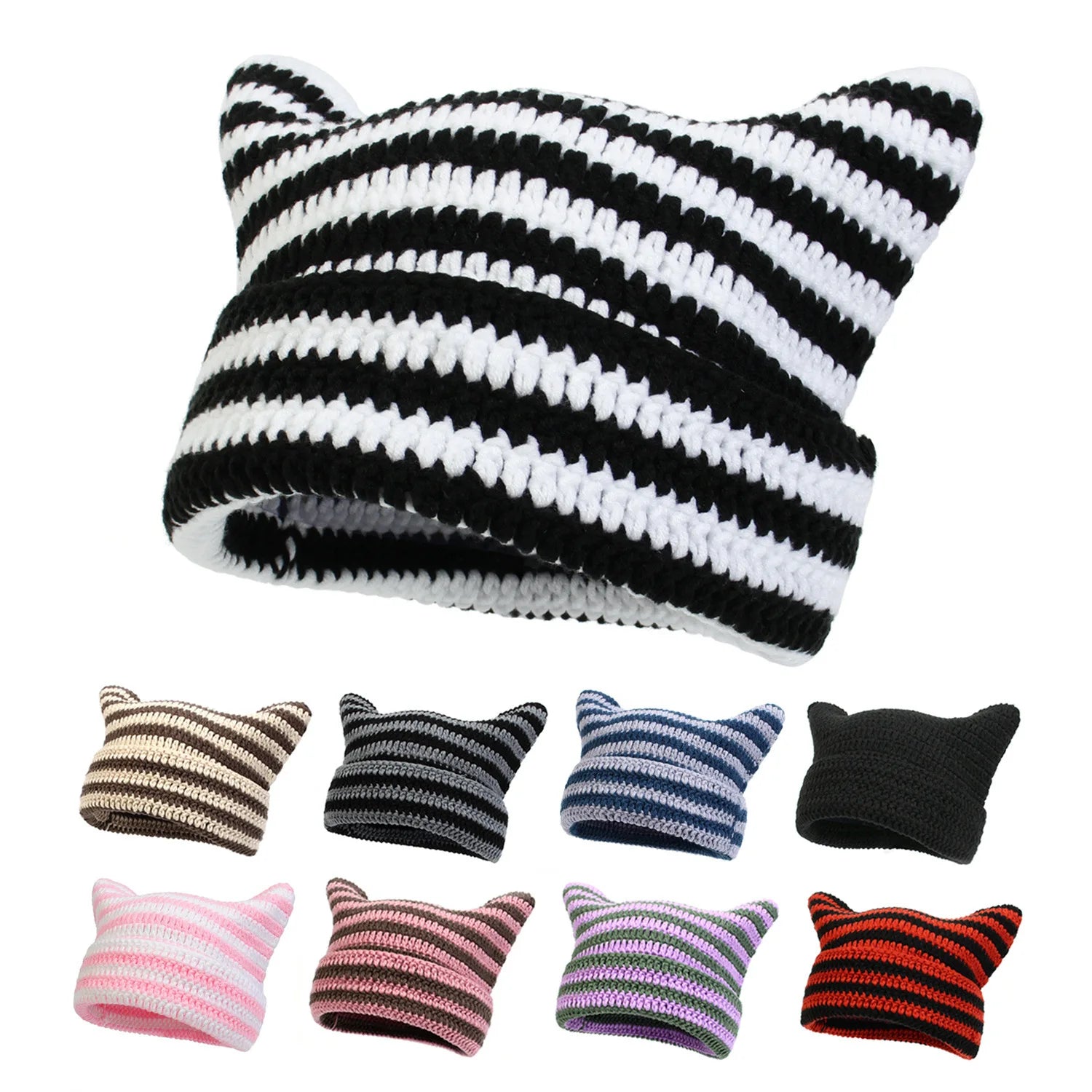 Funny Design Striped Thick Winter Warm Knitted Ear Beanie Manufacturers Beanies with Common Travel