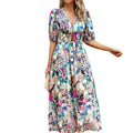 2023 Women's Summer Dress Temperament Waist V-neck Printed Long Dress
