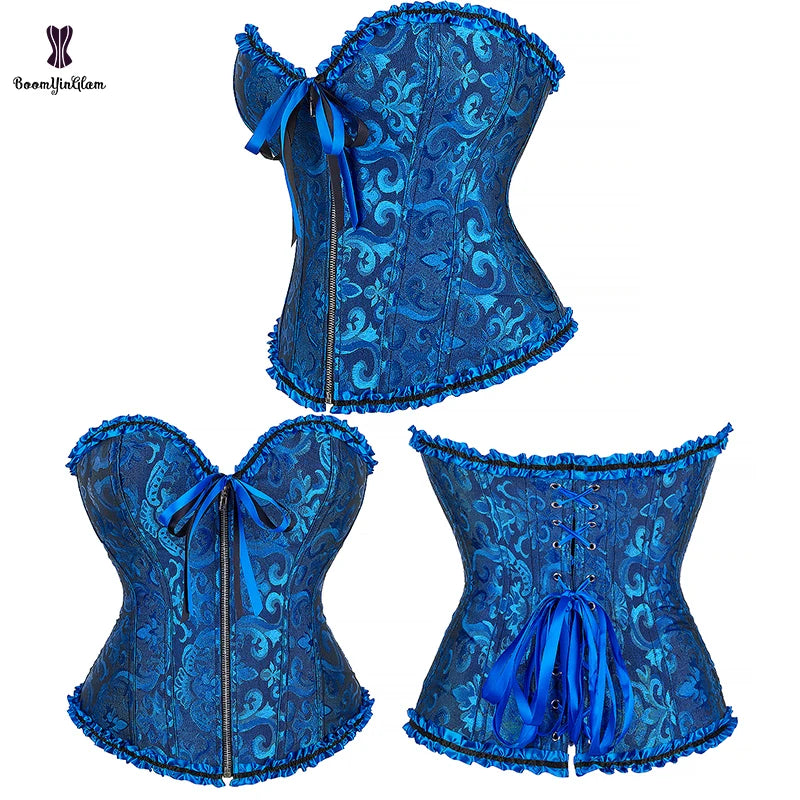 Green Ruffled Boned Korset Victorian Body Shaper Front Zip Corset Bustier Bandage Corselet for Women Plus Size Body Shape Wear