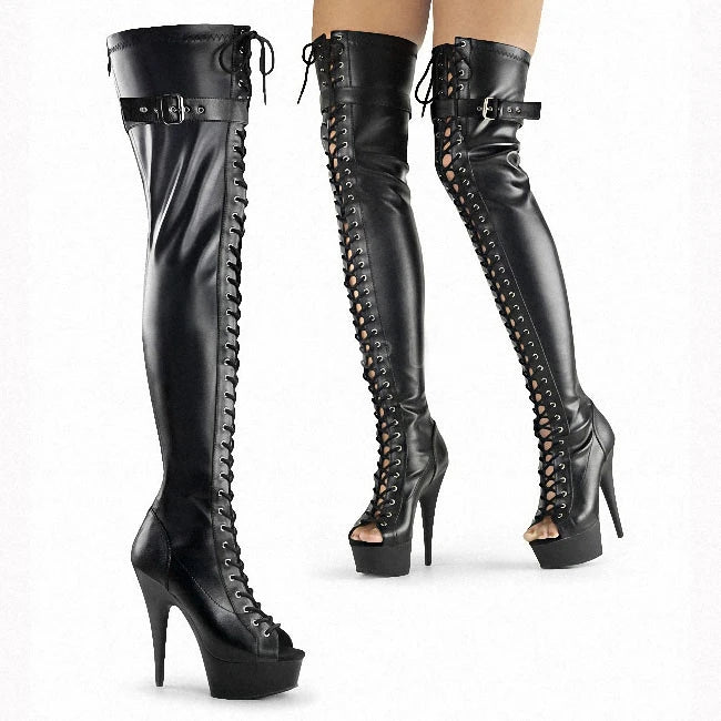 6 Inch Stiletto Platform Over the Knee Boots 15cm Black Narrow Band Buckle Strap Peep Toe Cross Dressing Women'S Big Size Punk