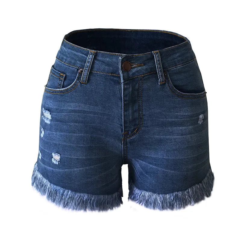 Calvera Hot Sale Summer Ladies Denim Shorts With High Stretch Denim Shorts With Hole Tassel Shorts