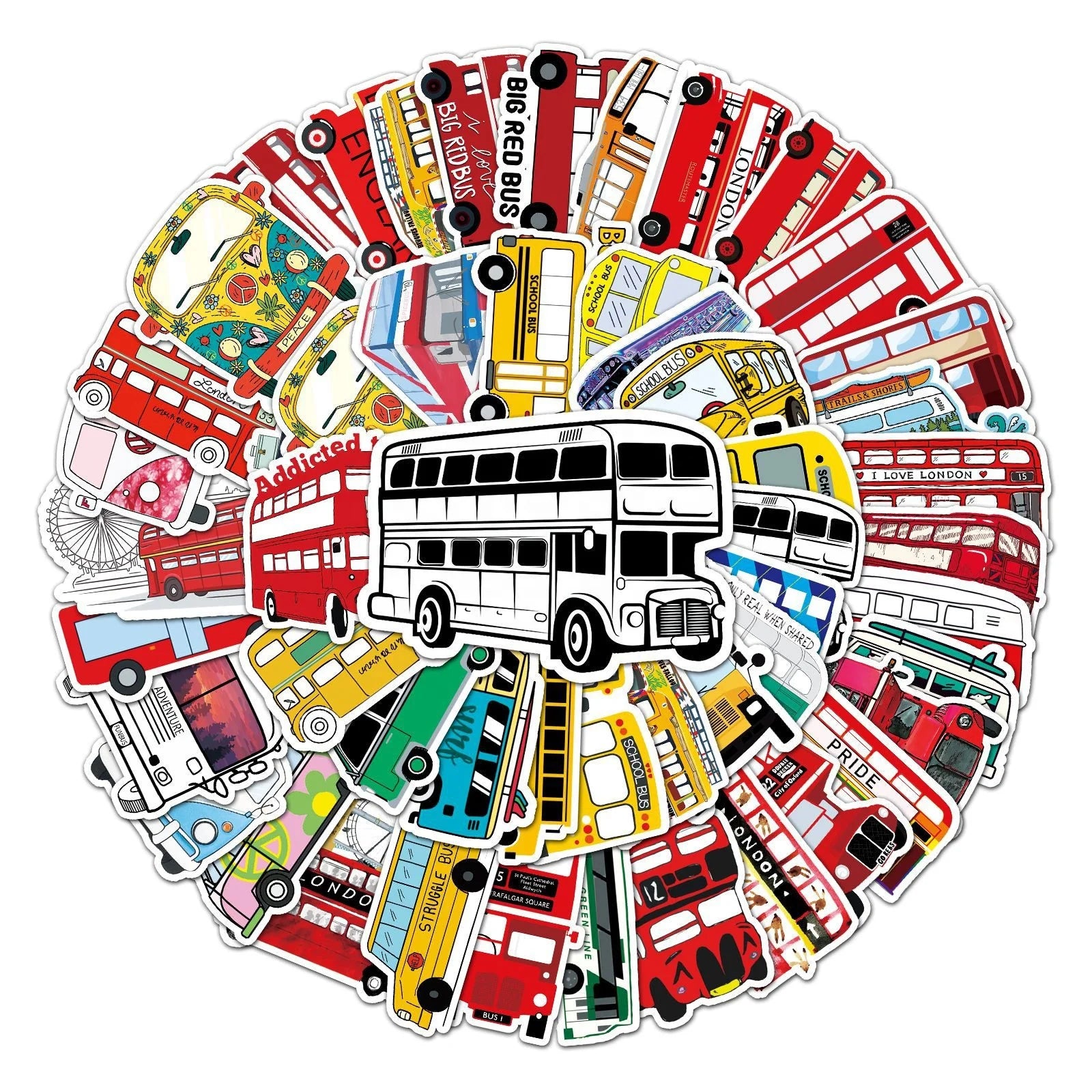 50Pcs Funny Red Bus London School Bus Decorative Stickers for Promotion Gifts Children Student Notebook Laptop Stickers