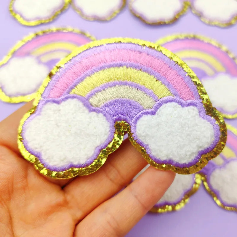 New Fashion Rainbow Chenille PVC Self-Adhesive Iron-on Glitter Patches Embroidered with Sequins Eco-Friendly for Hat Decoration