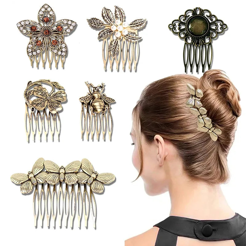 Wholesale Retro Hair Pin Women Fashion Ancient Gold Hairpin Metal Butterfly Bees Pearl Bridal Hair Combs
