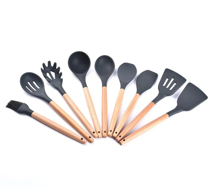 Heat Resistant Silicone Kitchen Utensils Set with Wooden Handle for Nonstick Cookware
