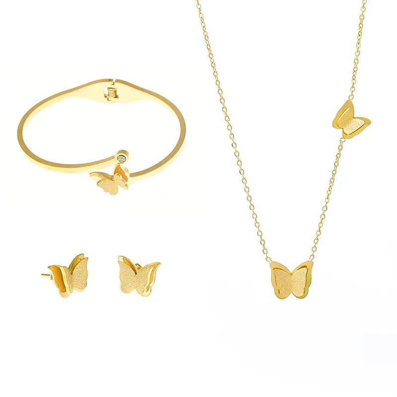 3-piece Jewelry Set Does Not Fade Ladies Frosted butterfly Necklace Earrings Bracelet Stainless Steel Set