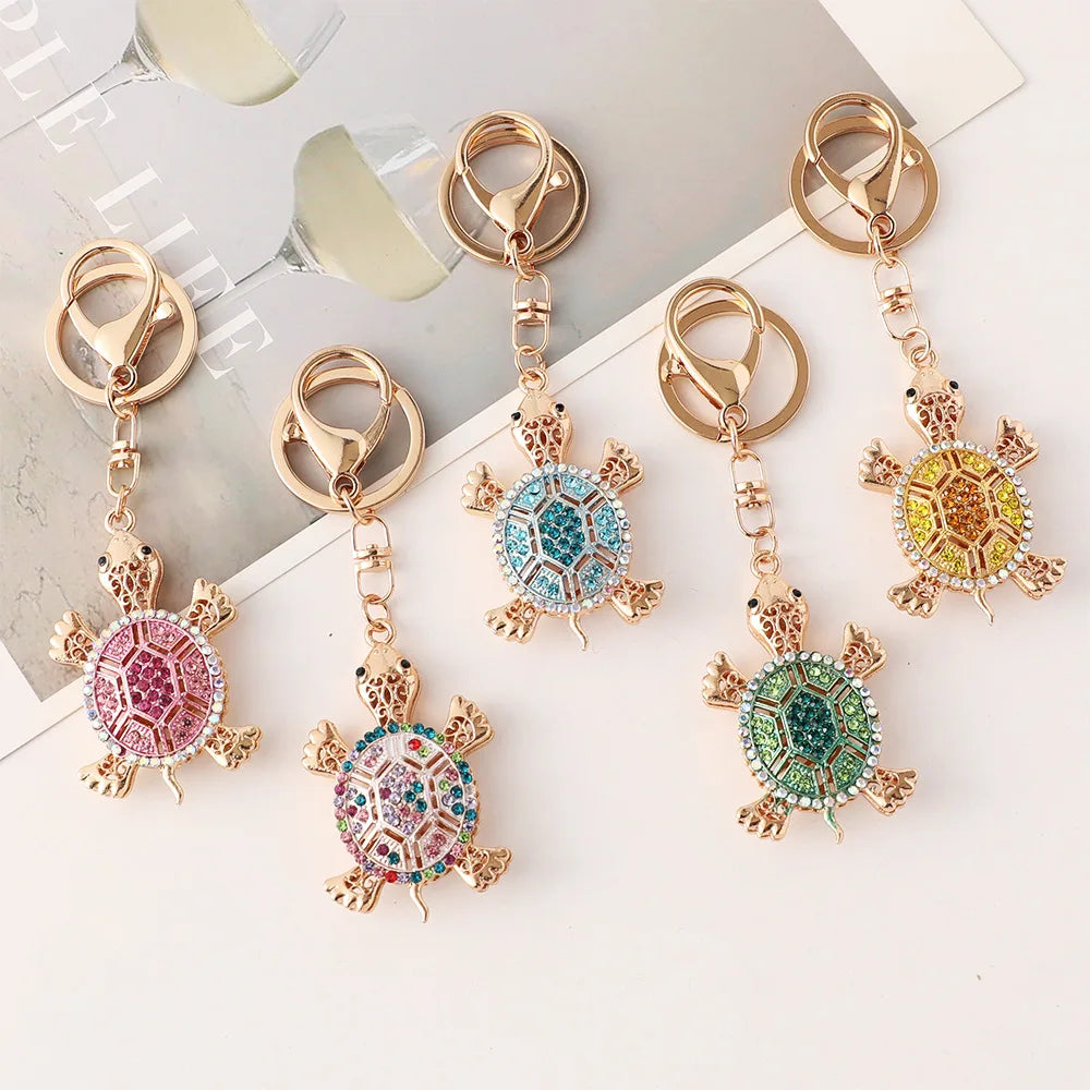 Cute Bag Accessory Enamel Gold Animal Turtlet Charm Keyring Colorful Rhinestone Crystal Turtle Keychain for Couple Gift