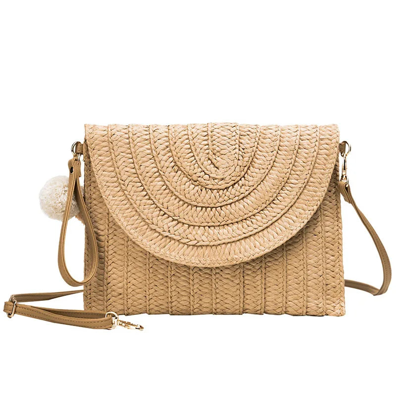 Best Selling Fashion Custom Straw Clutch Purse Handbags Women Handmade Straw Crossbody Bag with Pom Pom