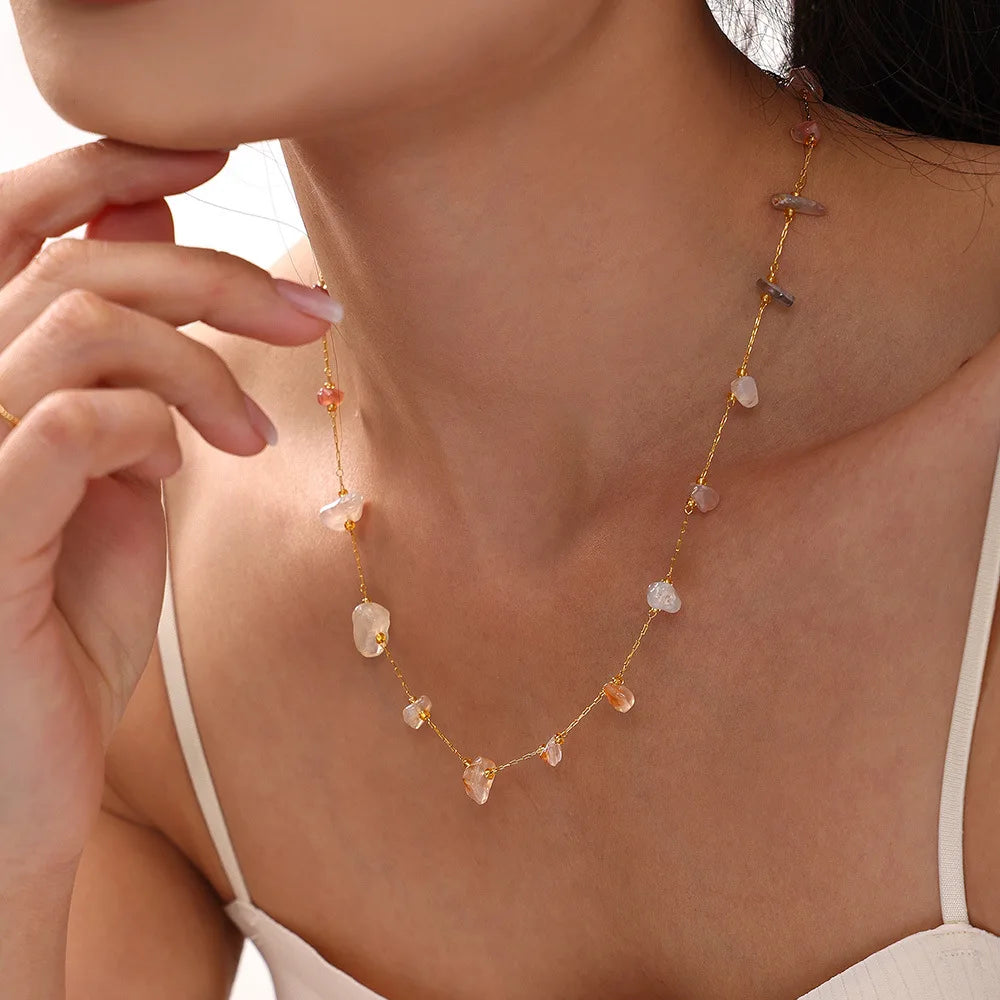 Irregular Natural Chip Charm Necklace 18K Gold Plated Stainless Steel Non Tarnished Chain Candy Coloured Jewellery for Women