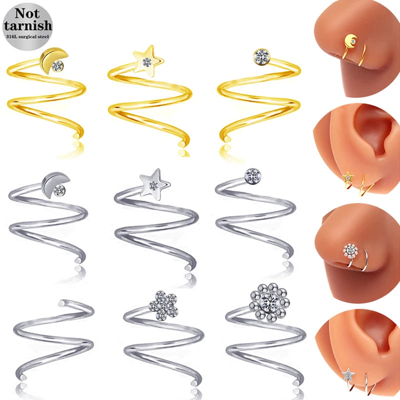 Gaby Jewelry 316 L Surgical Steel Spiral Nose Ring Stainless Steel Earrings Nose Piercing Jewelry for Women