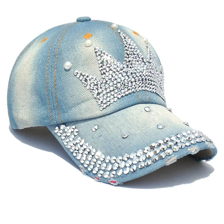 Unisex Crystal Baseball Cap with Oxford Dobby Poplin Fabric Hand Embroidery Jean Rhinestone Decorations-Latest Design