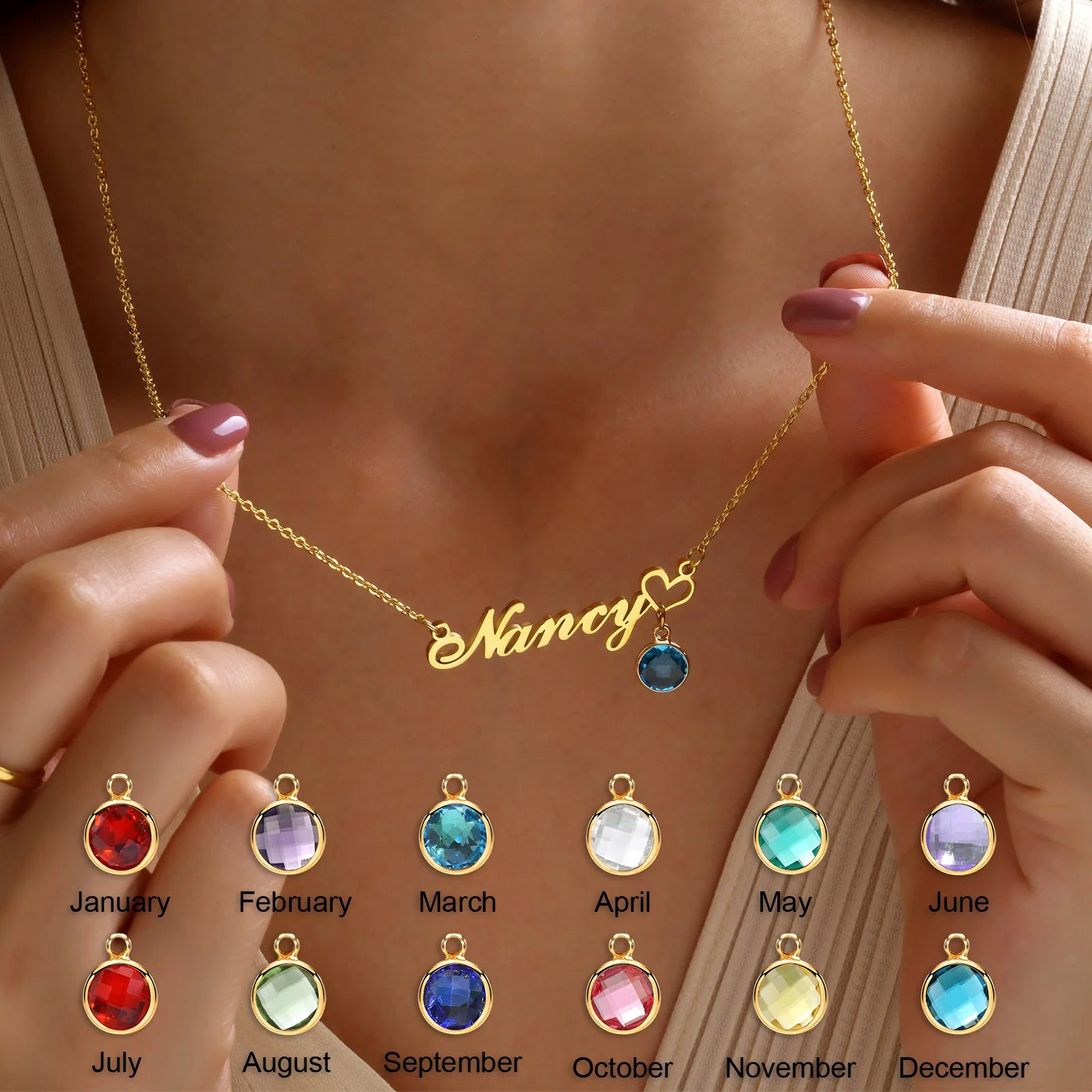 Custom DIY 12-Month Birthstone Zircon Necklace with Link Chain Stainless Steel Name Jewelry for Personalized Gift