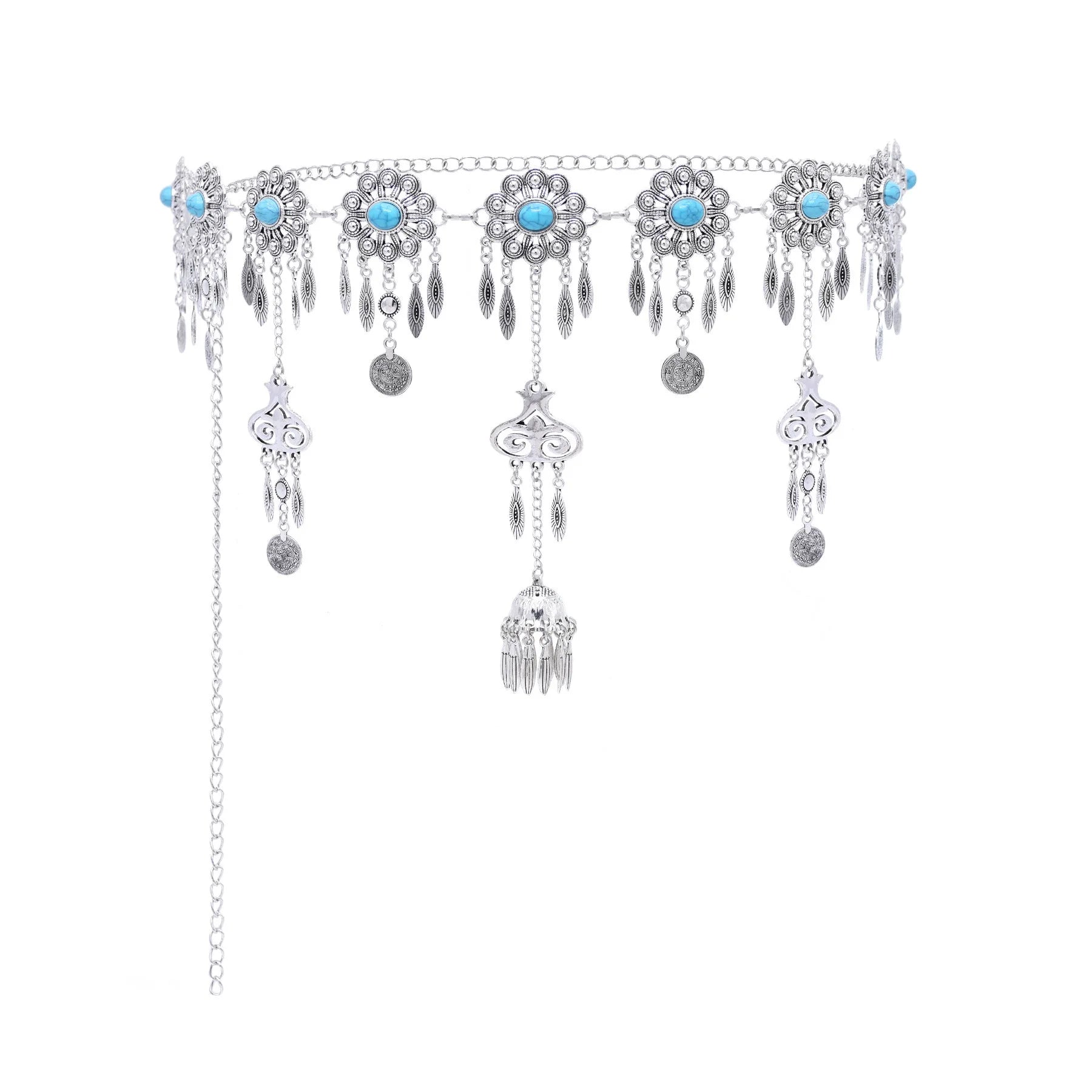 Bohemian Gypsy Body Chain for Women Silver Gold Plated Belt with Leaves Tassel Resin Beads Alloy Belly Waist Jewelry for Parties