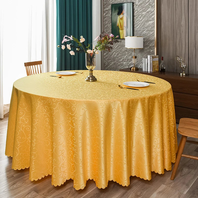 Budget-Friendly Custom Gold Polyester Round Tablecloths for Wedding Banquets & Hotel Decorations