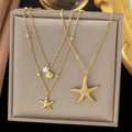 Collar De Acero Inoxidable Waterproof 18k Gold Plated Double-Layer Necklace Trendy Shell Seastar with Stainless Steel for Gifts