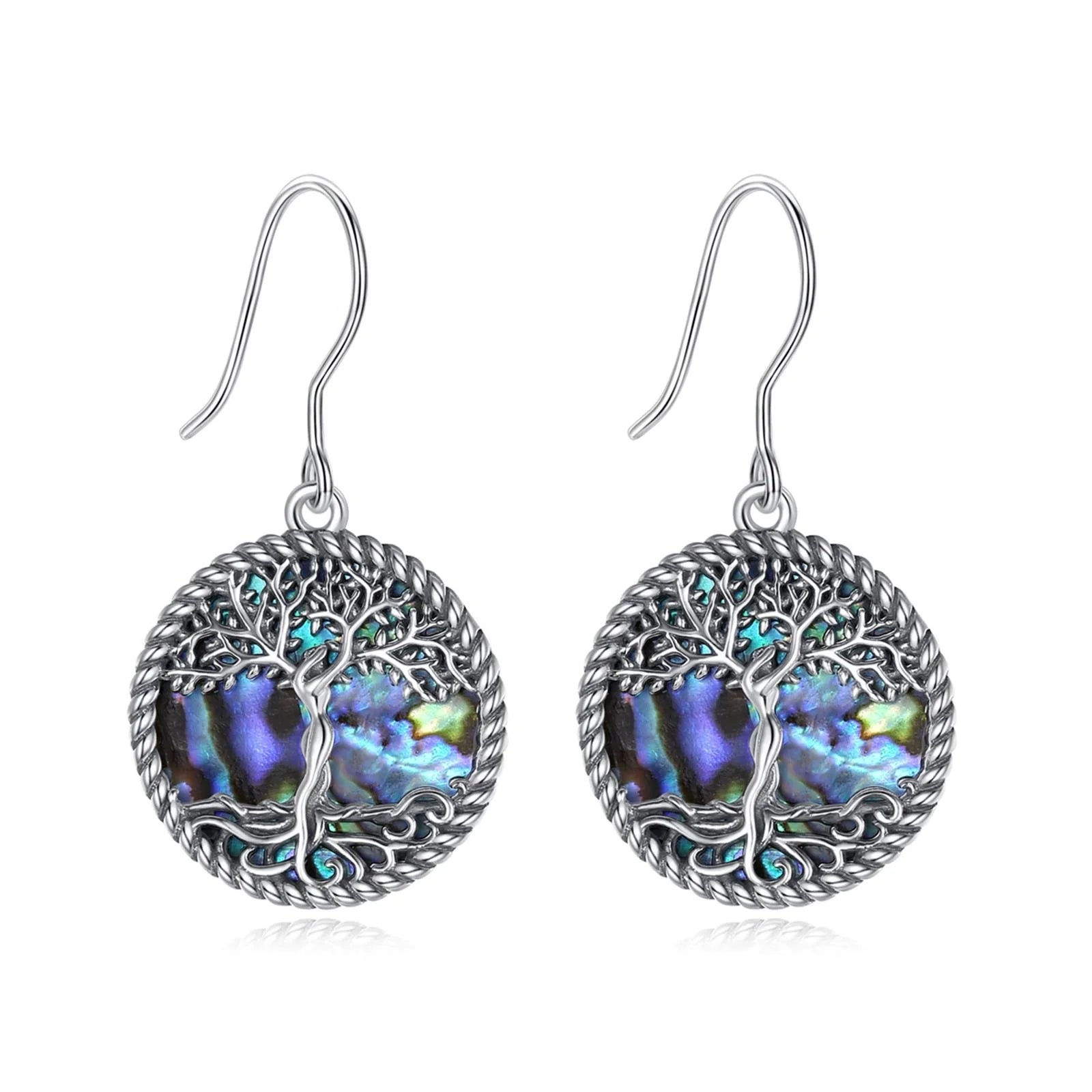 Isunni Vintage 925 Sterling Silver Tree of Life Pattern Earring Mother of Pearl Abalone Shell for Engagement Wedding or Party