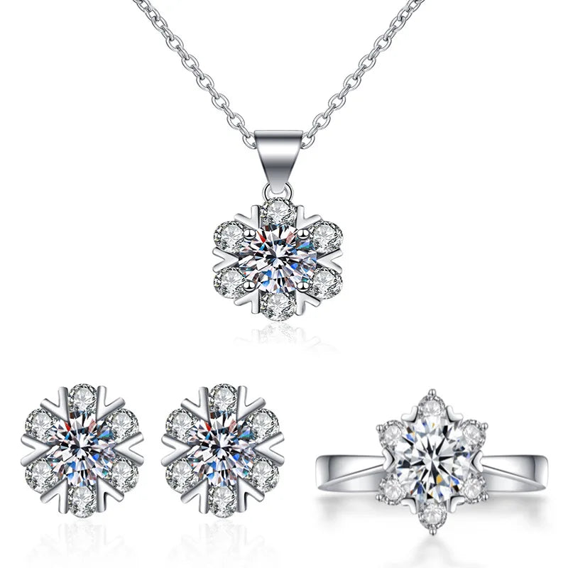 925 Sterling Silver Plated Zircon Snowflake Shape Necklace Earring Ring Set Wedding Bridal Jewelry Set Cut Cubic Zirconia Ring