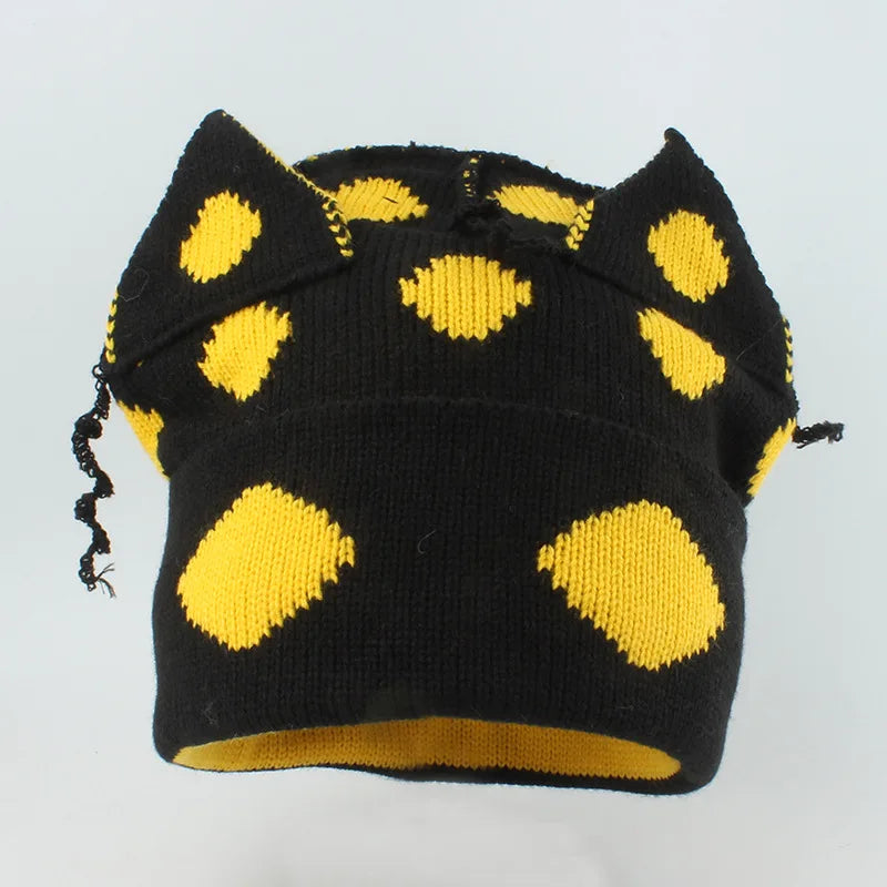 Spotty Knit Hat With Rolled Edge Winter Cute Custom Jacquard Beanie Hat With Cat Ear for Girls