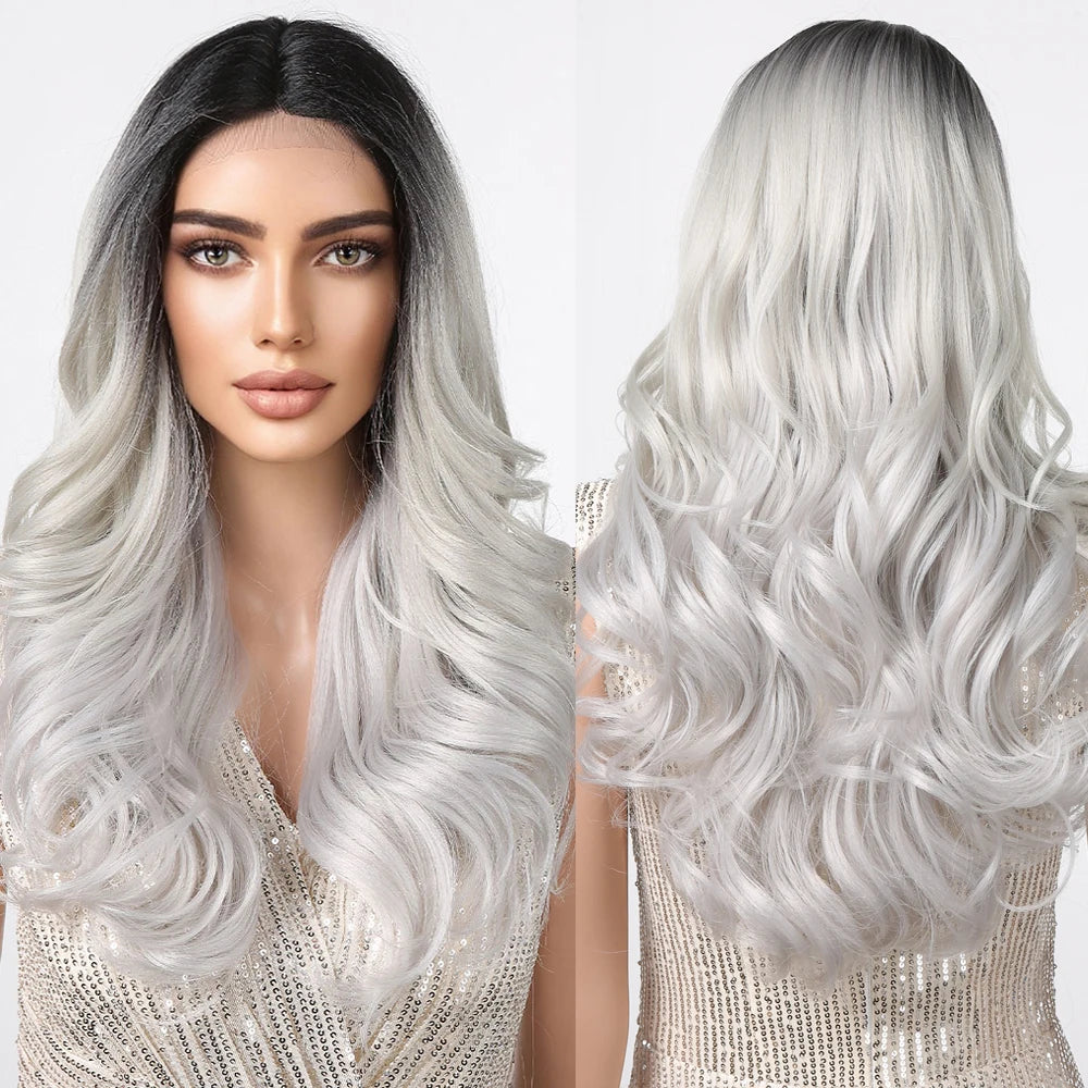 Japan Future Fiber Gray Long Wavy Lace Front Synthetic Wigs Silver Ash Curly Lace Hair Middle Part Natural Transparent Wig