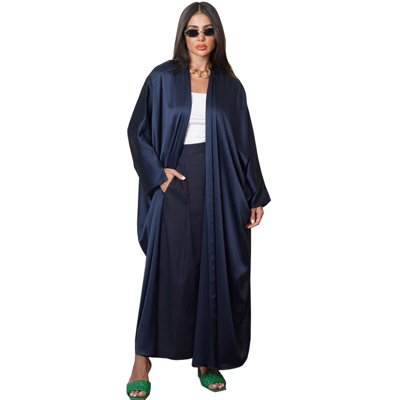 Turkey Open Silky Satin Abaya Eid Ramadan Casual Dress Abayas for Women Muslim Islamic Clothes Modest Flowy Kaftan Long Kimono