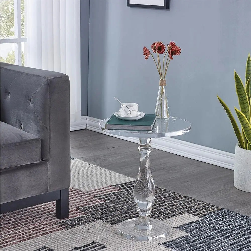 Modern Acrylic End/Side Table for Living Room Bedroom Lobby  Clear Small Top Solid Post High Display Rack