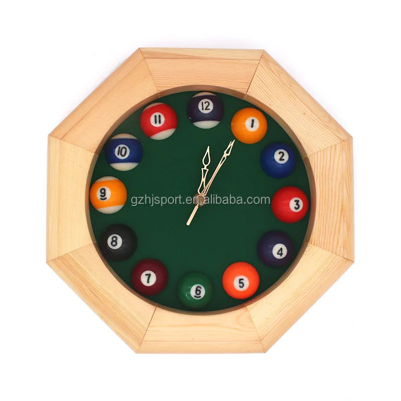 Billiard Wall Clock Octagon Cherry Frame Green Felt for Billiard Decoration Accessories